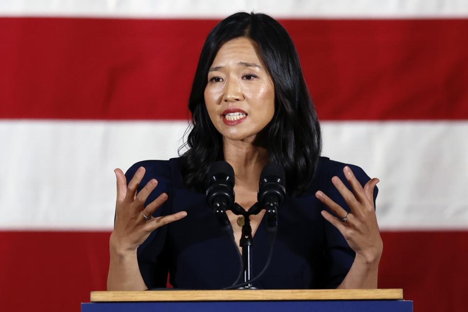 FILE - Boston Mayor Michelle Wu speaks during a Democratic election night party, Nov. 8, 2022, in Boston. A spate of false reports of shootings at the homes of public officials in recent days could be setting the stage for stricter penalties against so-called swatting in more states. Wu, U.S. Sen. Rick Scott of Florida, Georgia U.S. Rep. Marjorie Taylor Greene and Ohio Attorney General Dave Yost have been among the victims. (AP Photo/Michael Dwyer, File)