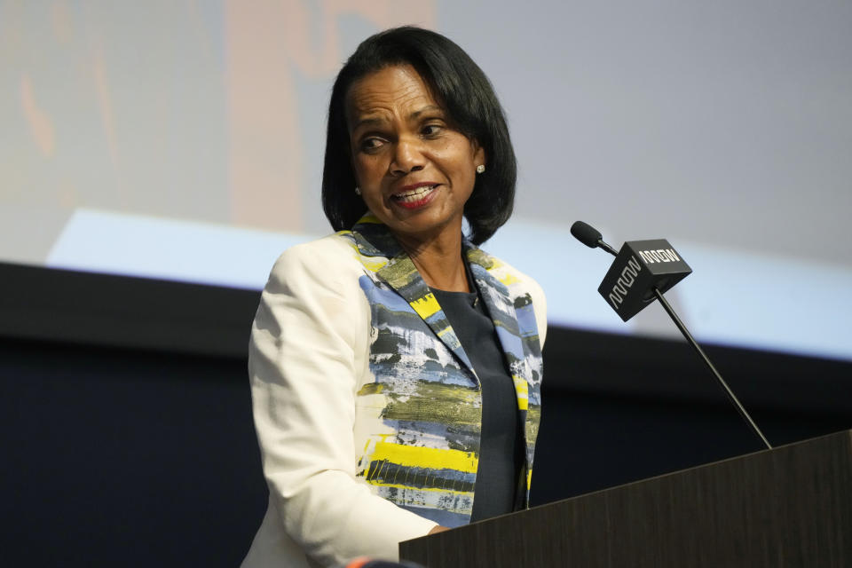 Condoleezza Rice, one of the limited partners in the Walton-Penner ownership group that purchased the Denver Broncos, talks during a news conference at the NFL football team's headquarters Wednesday, Aug. 10, 2022, in Centennial, Colo. (AP Photo/David Zalubowski)