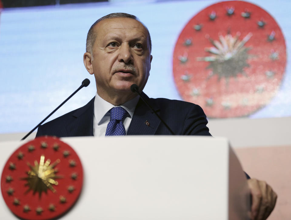 Turkey's President Recep Tayyip Erdogan speaks at an assembly for religious schools, in Istanbul, Saturday, April 13, 2019. Erdogan's ruling party still appealing the results of the local elections in Istanbul, where the opposition has a razor-thin lead and Erdogan said Wednesday election results in Istanbul should be canceled over irregularities.(Presidential Press Service via AP, Pool)