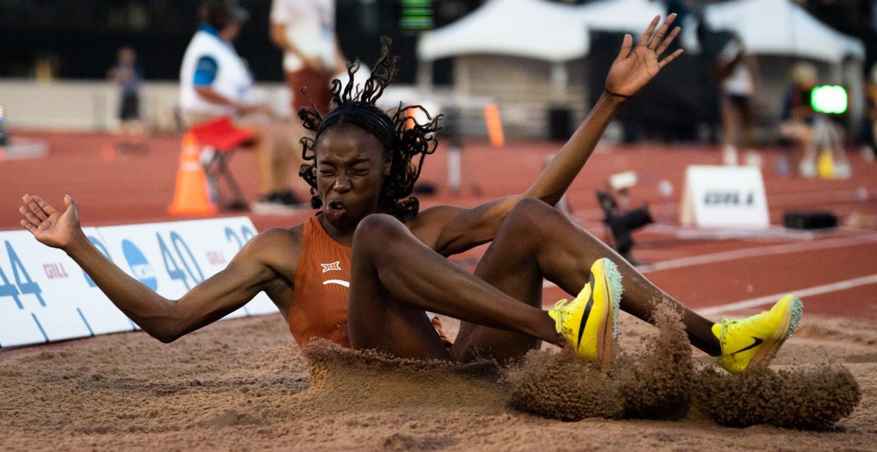 Texas' Ackelia Smith competes in the triple jump at the 2023 NCAA outdoor track and field championships at Myers Stadium. This year's NCAA outdoor championships return to Eugene, Ore.