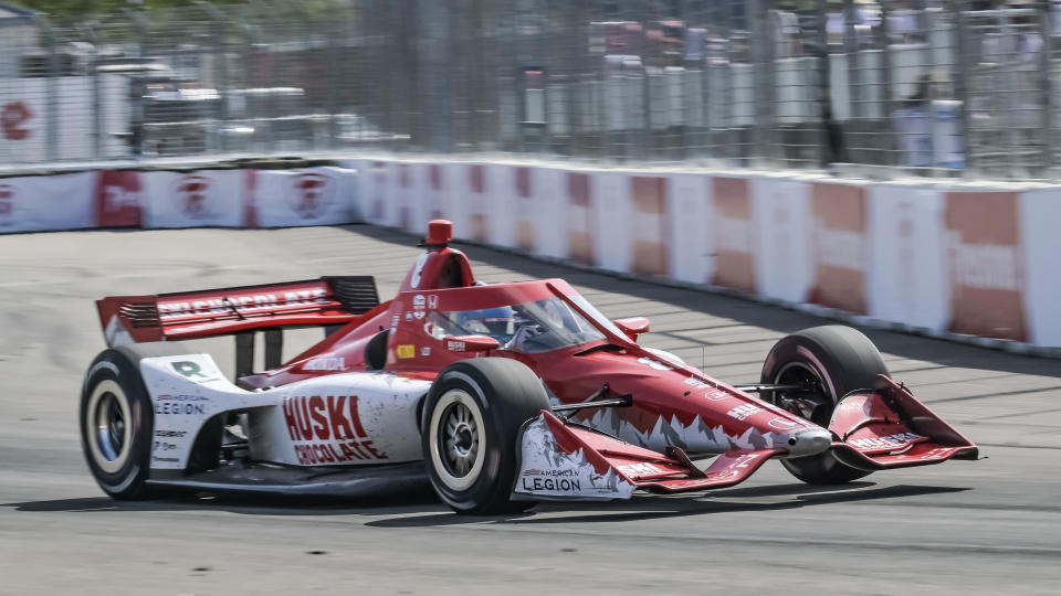 Huski Chocolate Chip Ganassi Racing driver Marcus Ericsson accelerates into Turn 2 on his way to winning the Grand Prix of St. Petersburg auto race Sunday, March 5, 2023, in St. Petersburg, Fla. (AP Photo/Steve Nesius)