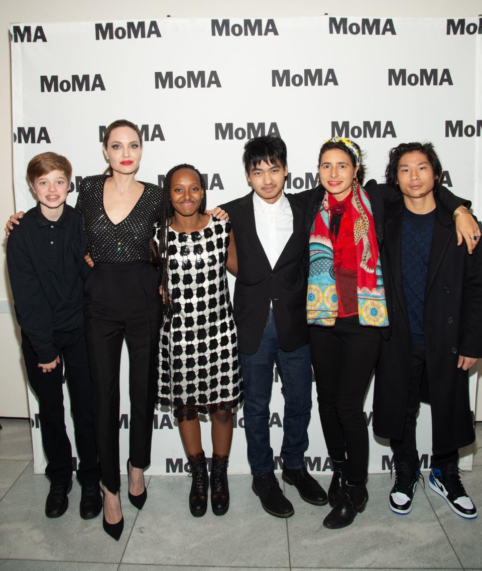 Knox Léon Jolie-Pitt, Angelina Jolie, Zahara Marley Jolie-Pitt, Pax Thien Jolie-Pitt, Prune Nourry and Maddox Chivan Jolie-Pitt attend the Opening Night of MoMA's Doc Fortnight Premiere of Prune Nourry's Serendipity on Feb. 21, 2019 in New York.