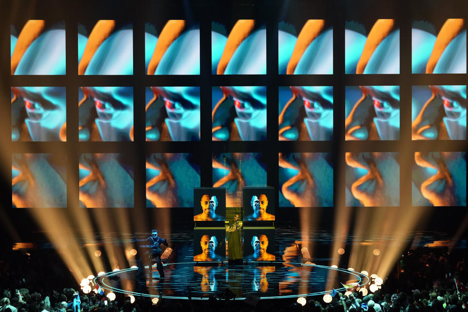 Tvorchi of Ukraine performs during the Grand Final of the Eurovision Song Contest in Liverpool, England, Saturday, May 13, 2023. (AP Photo/Martin Meissner)