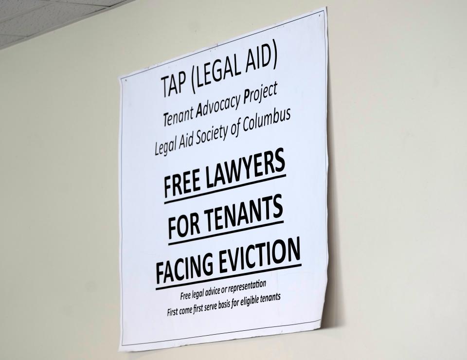 Representatives from Legal Aid are available outside Eviction Court in the Franklin County Municipal Courthouse, which sees dozens of eviction cases per day after the county hit a 20-year high in filings in 2023.