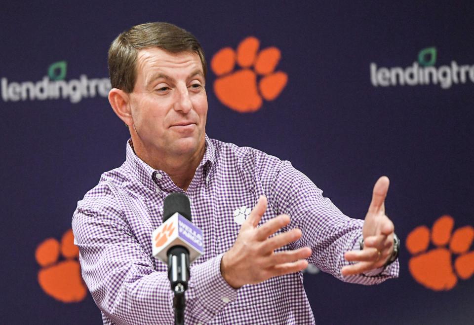 Clemson head coach Dabo Swinney talks with media in Clemson, S.C., November 22, 2021. 