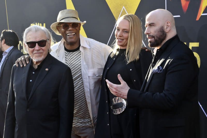Left to right, Harvey Keitel, Samuel L. Jackson, Uma Thurman and John Travolta attend the TCM Classic Film Festival opening night and 30th anniversary presentation of "Pulp Fiction" at the TCL Chinese Theatre in Hollywood on April 18. Photo by Jim Ruymen/UPI