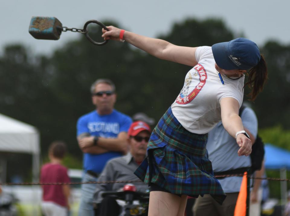 Patricia Dew competes in the heavy weight for distance event during the Port City Highland Games in Wilmington, N.C., in 2022. [MATT BORN/STARNEWS]