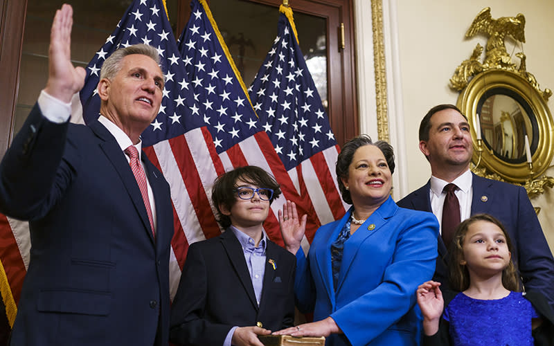 Rep. Jennifer McClellan (D-Va.) participates in a ceremonial swearing in with Speaker Kevin McCarthy (R-Calif.)