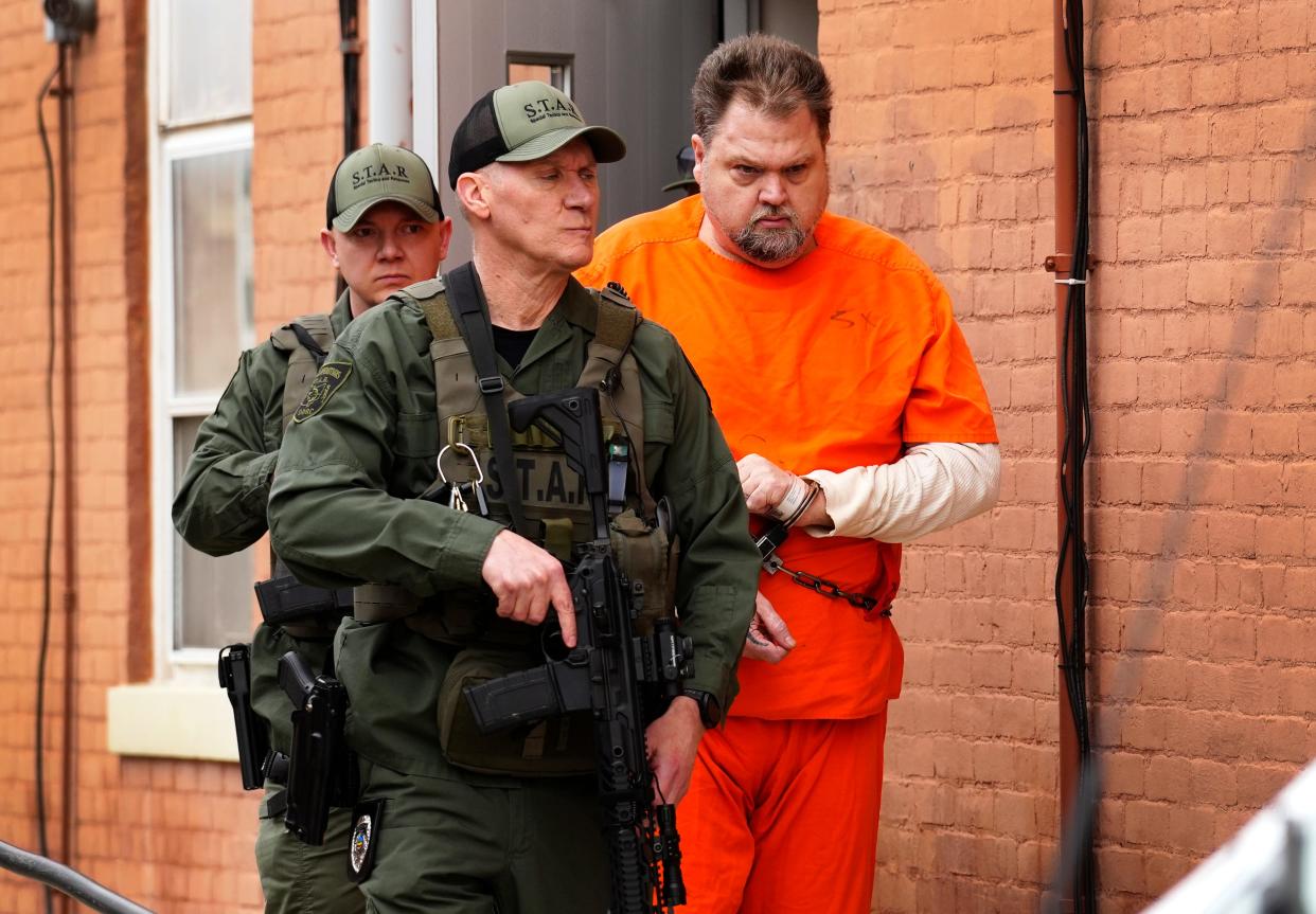 George "Billy" Wagner III is escorted out of the Pike County Common Pleas Courtroom, Thursday, March 7, 2024. During the hearing, visiting Judge R. Alan Corbin ruled in favor of the continuance requested by his lawyers and set the trial for Jan. 6, 2025. Wagner is the final defendant in the 2016 Pike County massacre.