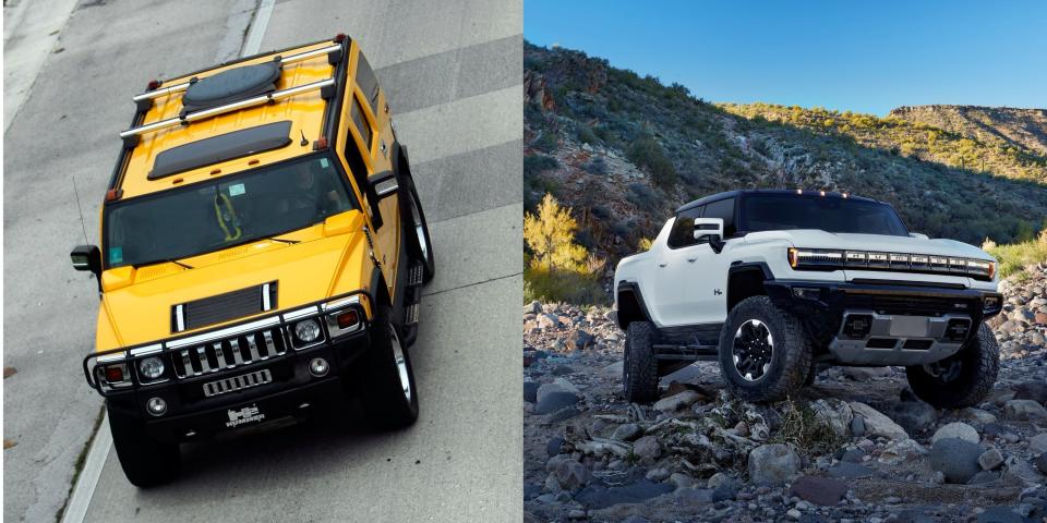 A Hummer H2 and the 2023 Hummer EV pickup truck