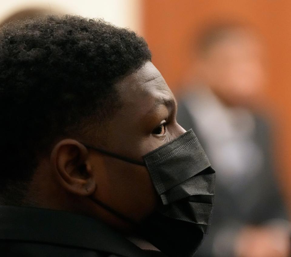 Former Ohio State University football player Jahsen L. Wint, 24, sits in Franklin County Common Pleas Court during jury selection on Monday. Wint and Amir I. Riep both face charges alleging they raped a then-19-year-old woman in February 2020 in the apartment the two men shared.