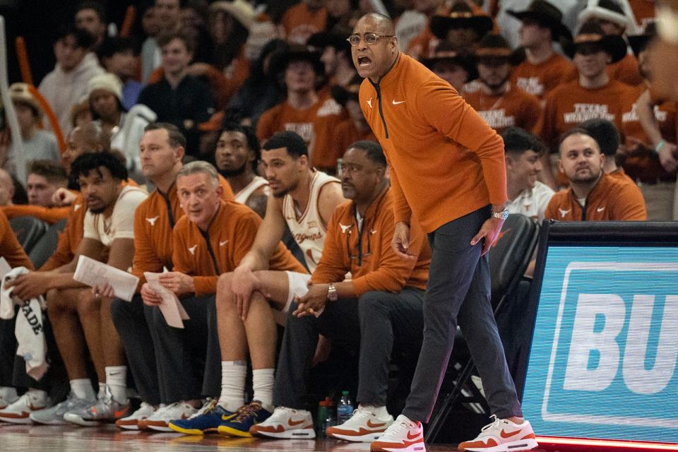 Texas head coach Rodney Terry yells instructions at his team during the Longhorns' 77-71 loss to Central Florida on Jan. 17. Texas is 14-7 overall and just 3-5 in the Big 12, tied for 10th place in the standings heading into Saturday's game at No. 25 TCU.