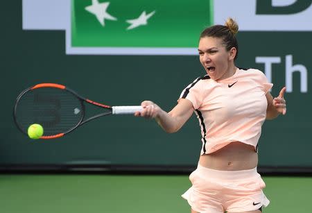 Mar 11, 2018; Indian Wells, CA, USA; Simona Halep (ROU) during her second round match against Caroline Dolehide (not pictured) in the BNP Paribas Open at the Indian Wells Tennis Garden. Jayne Kamin-Oncea-USA TODAY Sports
