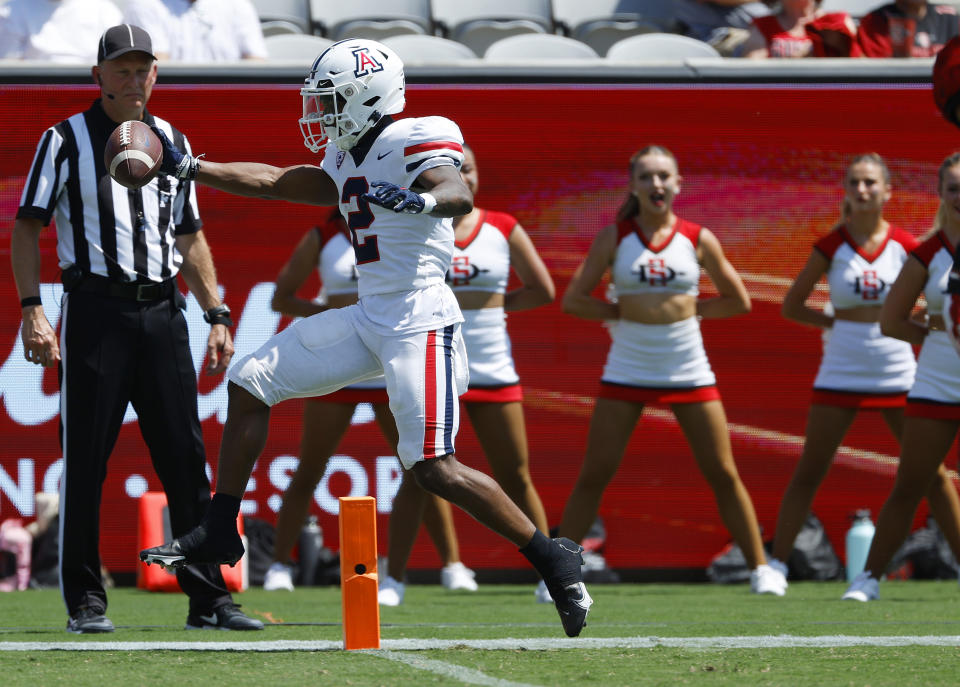 Arizona's Jacob Cowing scores a touchdown against San Diego State in the second quarter at Snapdragon Stadium on Saturday, Sept. 3, 2022 in San Diego, Calif. (K.C. Alfred/The San Diego Union-Tribune via AP)