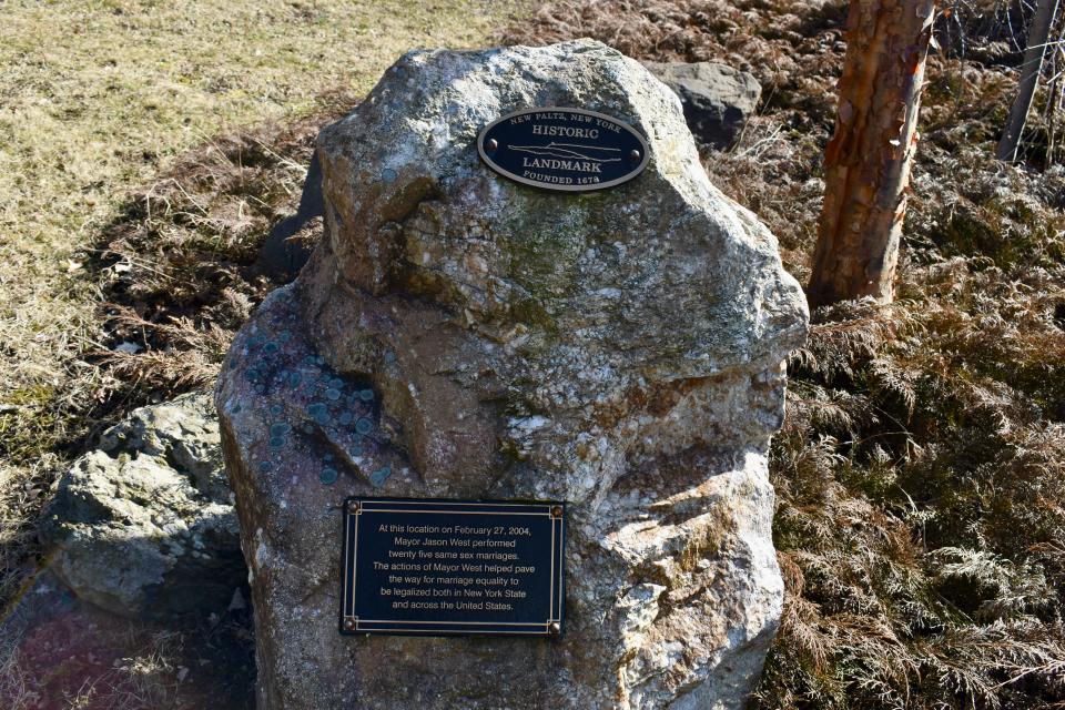 A historic marker in New Paltz's Peace Park honors the 25 same-sex marriages officiated by Mayor Jason West on Feb. 27, 2004.