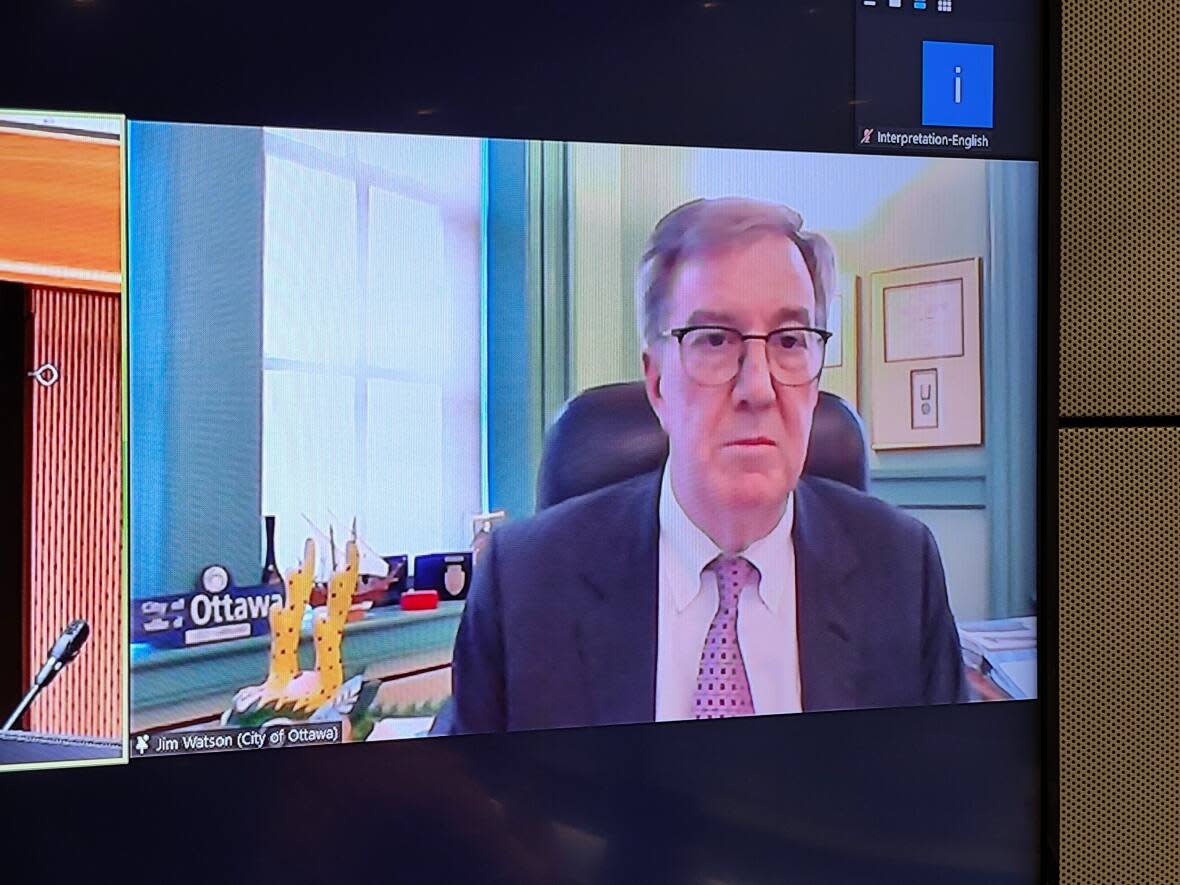 Mayor Jim Watson testified at the Ottawa light rail inquiry from his office at city hall Thursday for more than five hours, with many questions focusing on a WhatsApp group involving several high-ranking city officials. (Reno Patry/CBC - image credit)