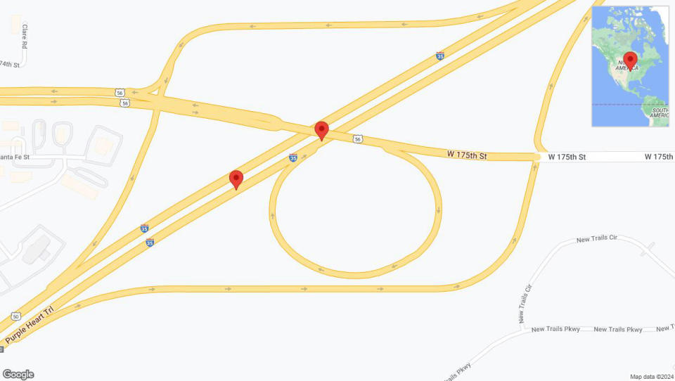 A detailed map that shows the affected road due to 'Broken down vehicle on northbound I-35 in Gardner' on July 25th at 9:14 p.m.