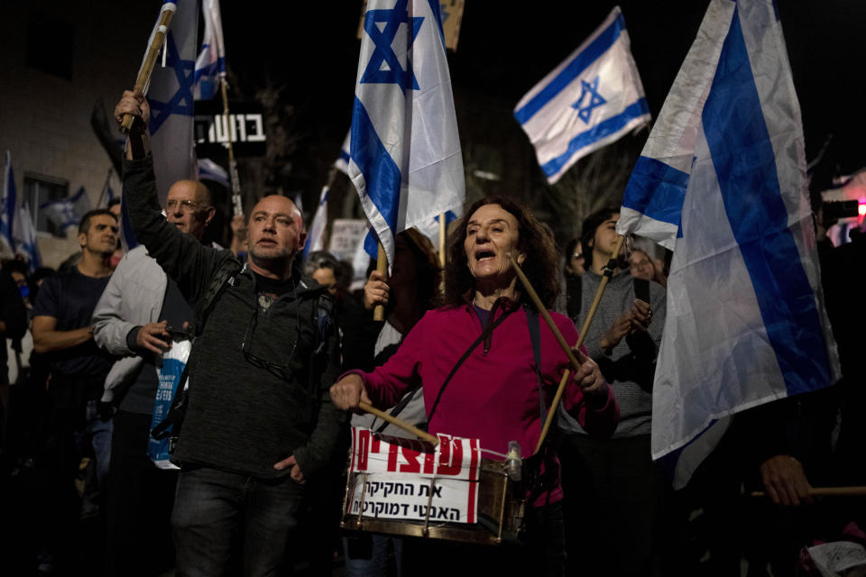 Israelis protest against plans by Prime Minister Benjamin Netanyahu's new government to overhaul the judicial system, in Jerusalem, Wednesday, March 1, 2023. (AP Photo/Maya Alleruzzo)