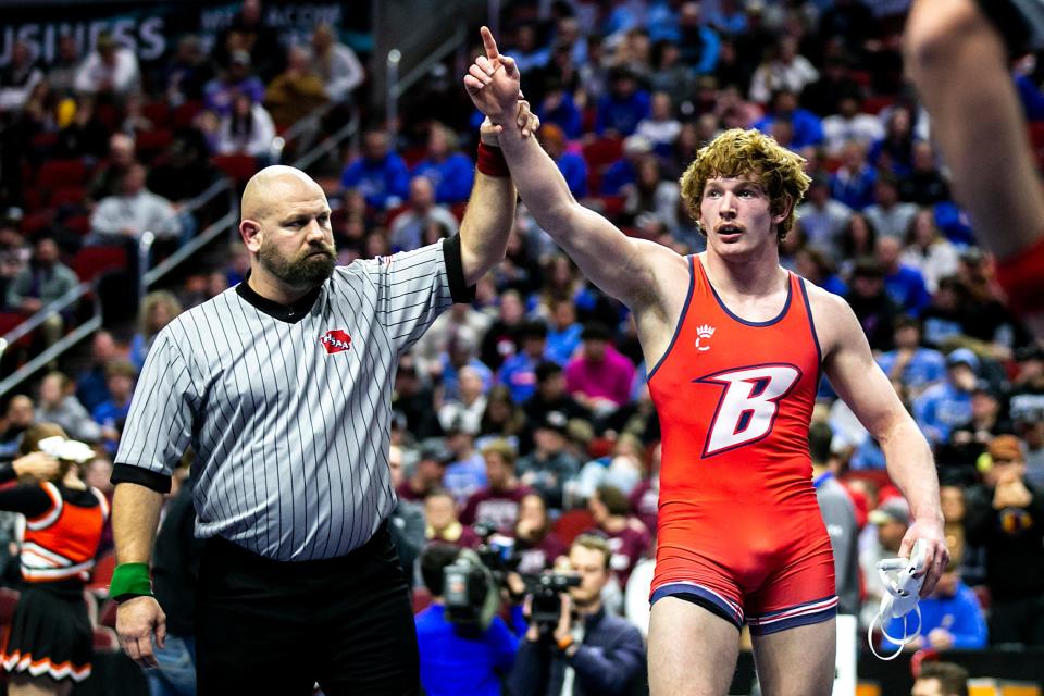 Ballard's Brody Sampson reacts after his match at 180 pounds during the Class 2A high school boys state wrestling tournament semifinals, Friday, Feb. 17, 2023, at Wells Fargo Arena in Des Moines, Iowa.