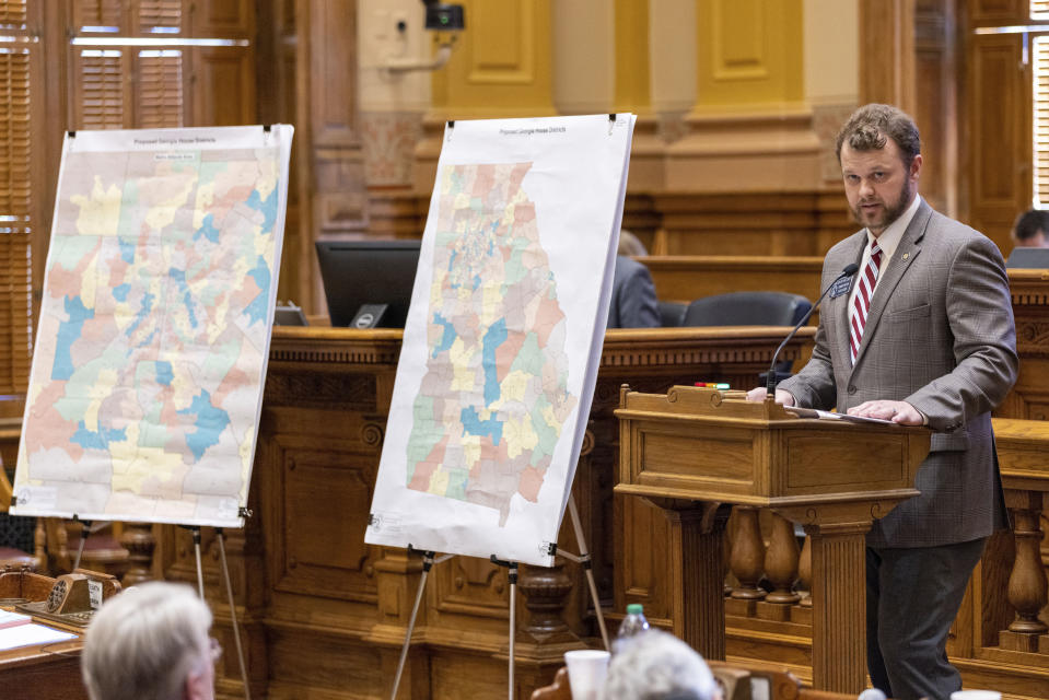 FILE - State Sen. Bo Hatchett, R-Cornelia, speaks regarding redistricting bill HB 1EX during the special legislative session at the Capitol in Atlanta on Tuesday, Dec. 5, 2023. A federal judge map approved the redrawn maps on Thursday, Dec. 28. (Arvin Temkar/Atlanta Journal-Constitution via AP,File)