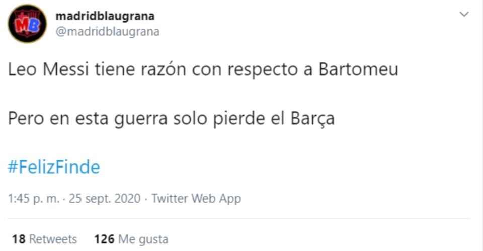 Consideran que el que sale perdiendo es el club. (Foto: Twitter / <a href="http://twitter.com/madridblaugrana/status/1309459047838556161" rel="nofollow noopener" target="_blank" data-ylk="slk:@madridblaugrana;elm:context_link;itc:0;sec:content-canvas" class="link ">@madridblaugrana</a>).