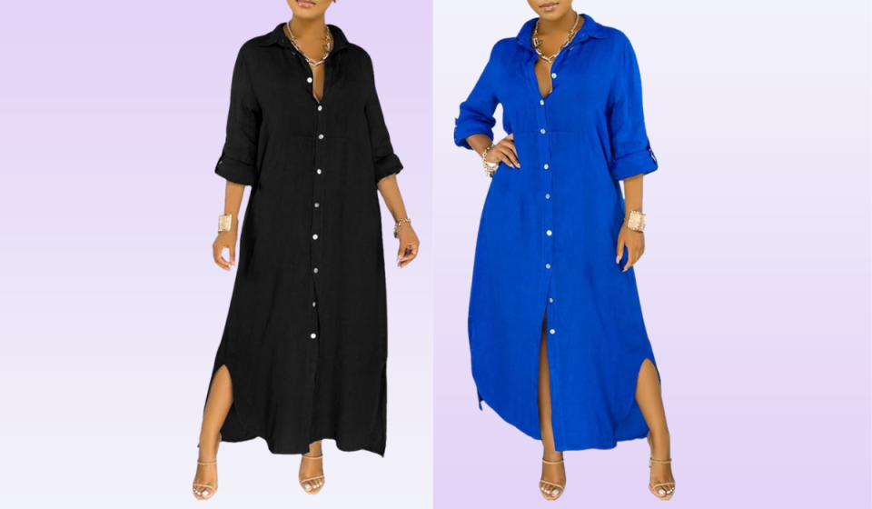 button-down maxi dress with sleeves in black and royal blue