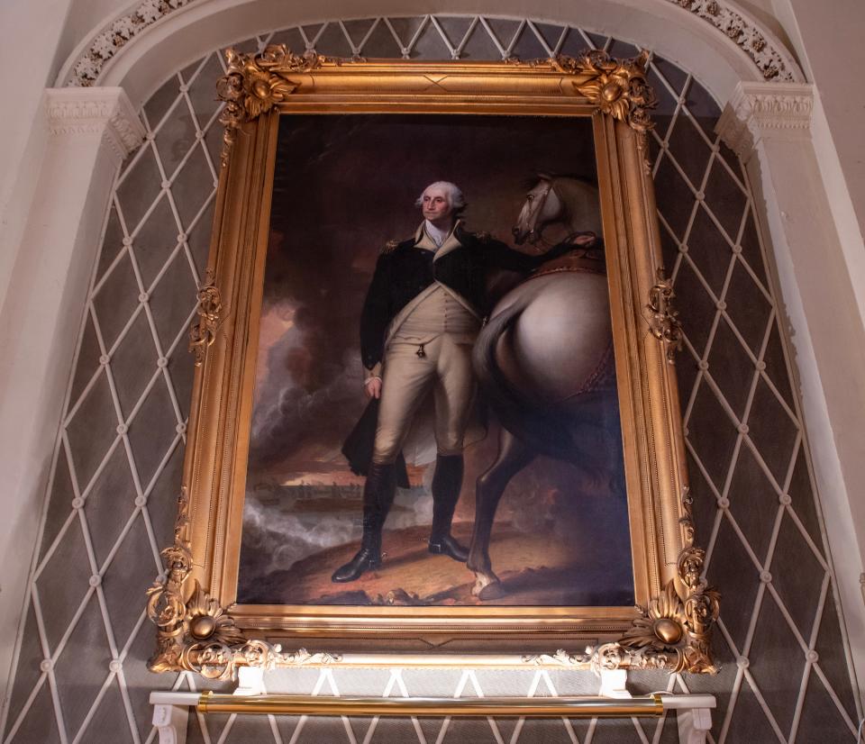 A portrait of President George Washington hangs prominently inside Mechanics Hall.