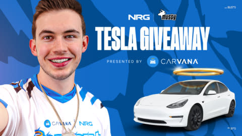 Carvana and NRG team up for an exclusive giveaway of a Tesla Model 3, personally delivered by NRG squad member and Rocket League icon Musty.  (Graphic: Business Wire)