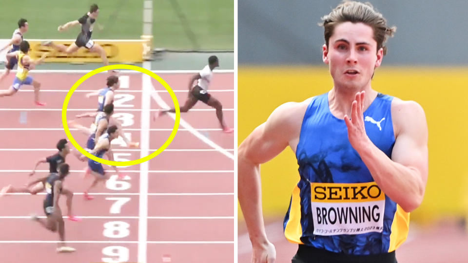 Rohan Browning finishing second in Japan and Browning running in the final.