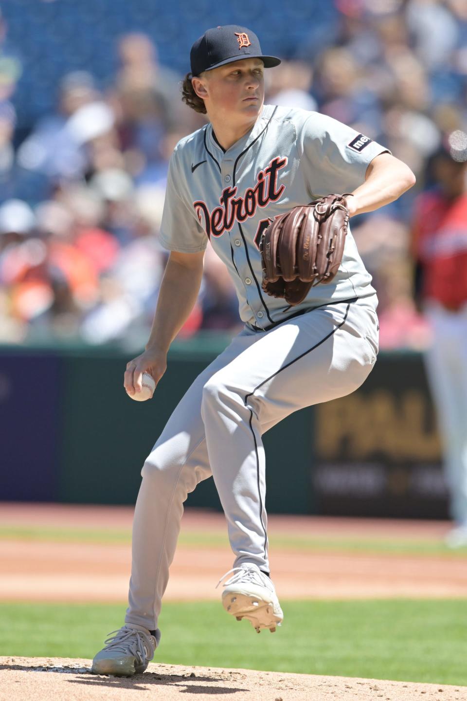 Tigers pitcher Reese Olson throws a pitch during the first inning against the Guardians on Wednesday, May 8, 2024, in Cleveland.