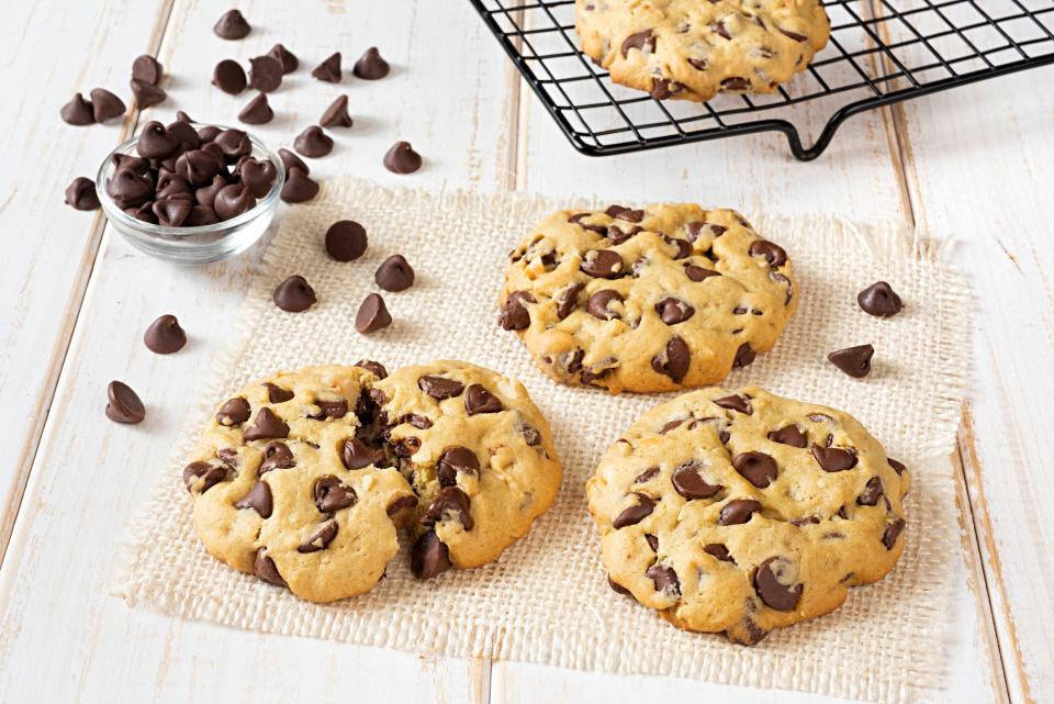 A batch of homemade chocolate-chip cookies