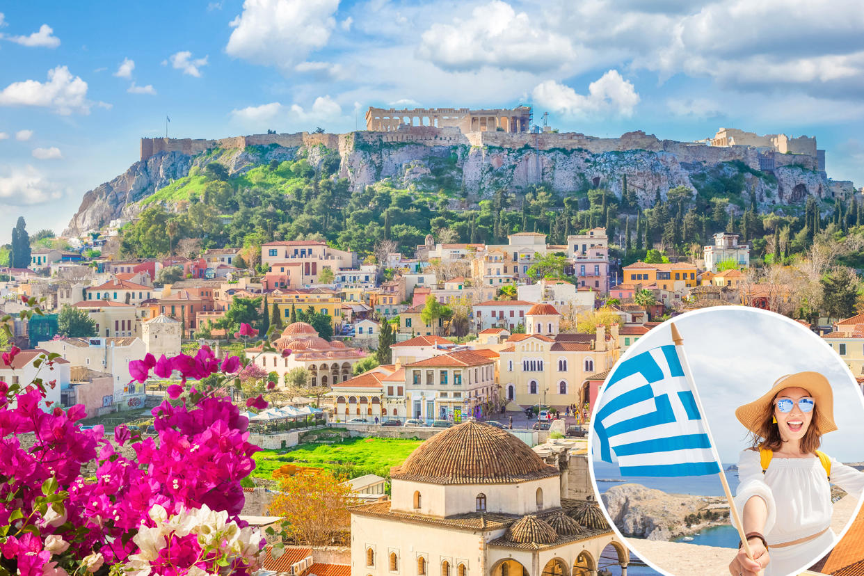 Skyline of Athens and greek flag