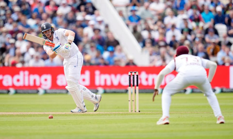 <span>England's Jamie Smith drives for four on his way to a fine 95 at Edgbaston.</span><span>Photograph: Nick Potts/PA</span>