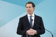 Former Austrian Chancellor Sebastian Kurz announces that he is quitting politics, two months after stepping down as leader amid corruption allegations, during a news conference in Vienna, Austria, Thursday, Dec. 2, 2021. (AP Photo/Lisa Leutner)