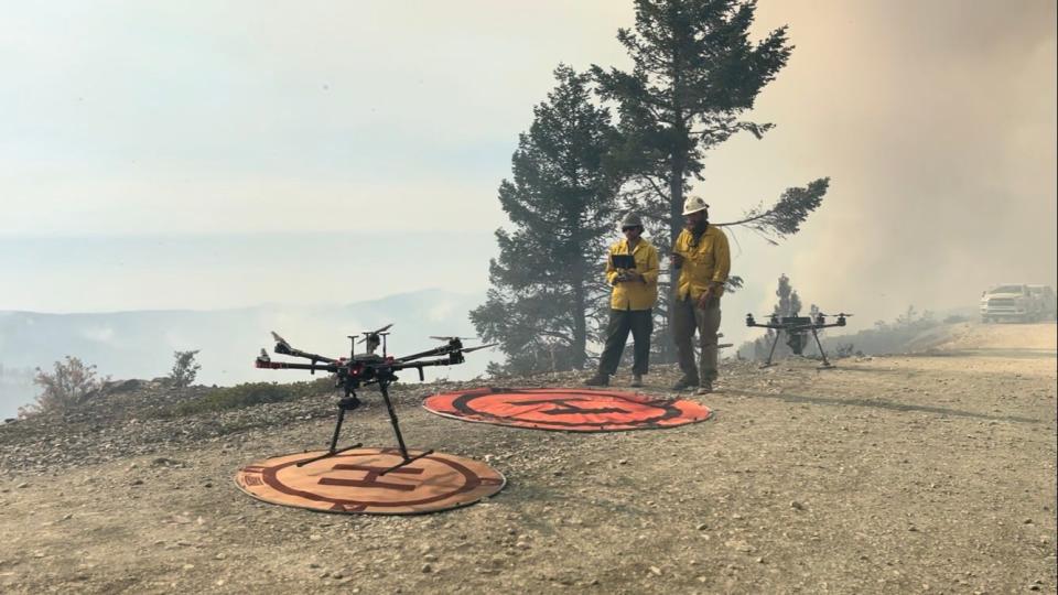 Pilots prepare to launch a UAS to use infrared heat detection around the Flat Fire's edge.