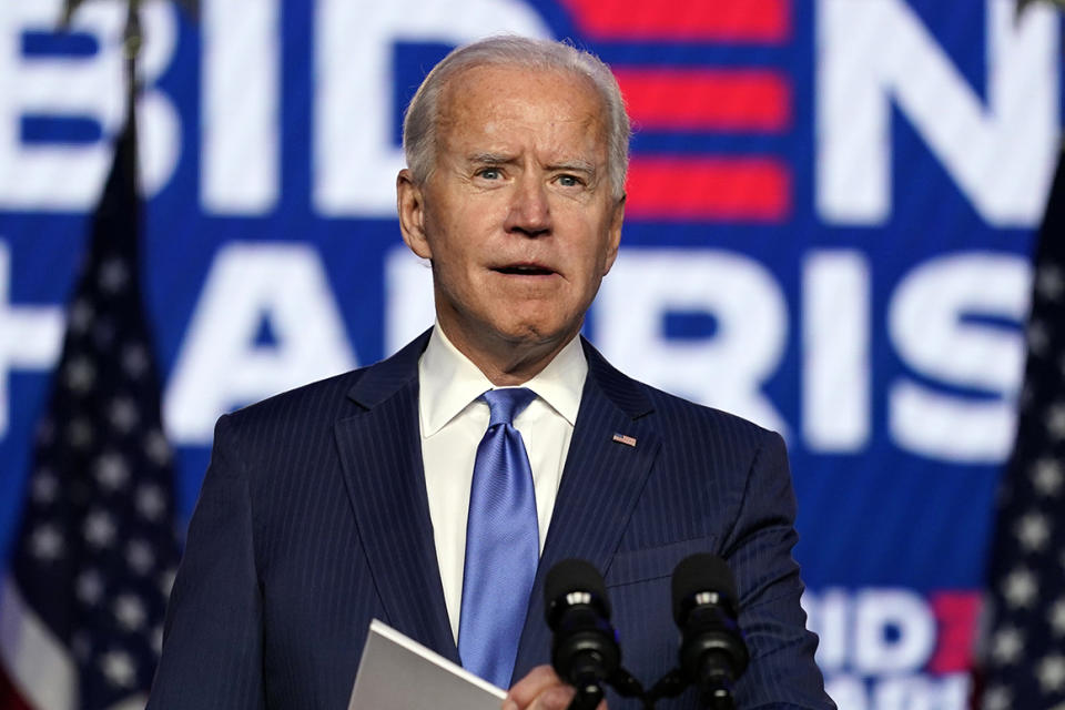Democratic presidential candidate Joe Biden speaks on Nov. 6, 2020, in Wilmington, Del.