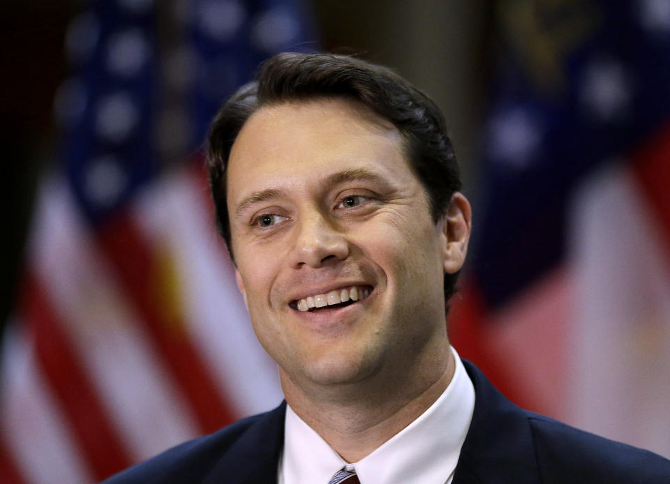 FILE- In this Nov. 7, 2013 file photo, Georgia State Sen. Jason Carter (D-Decatur), the grandson of former President Jimmy Carter, speaks at a news conference in Atlanta. Democrats in the conservative South are looking to recapture some old political magic in the 2014 elections. President Barack Obama’s party is running candidates with familiar names, like Carter and Nunn in Georgia, in hopes of rebuilding clout where Republicans rule. Given their recent political struggles in the region, some Democrats say they have nothing to lose. (AP Photo/John Bazemore, File)