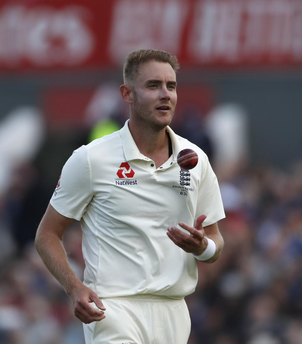 England's Stuart Broad prepares to bowl during day one of the fourth Ashes Test cricket match between England and Australia at Old Trafford in Manchester, England, Wednesday, Sept. 4, 2019. (AP Photo/Rui Vieira)