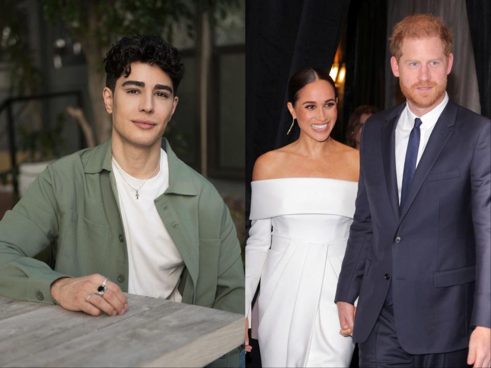 Omid Scobie, left, harry and meghan, right