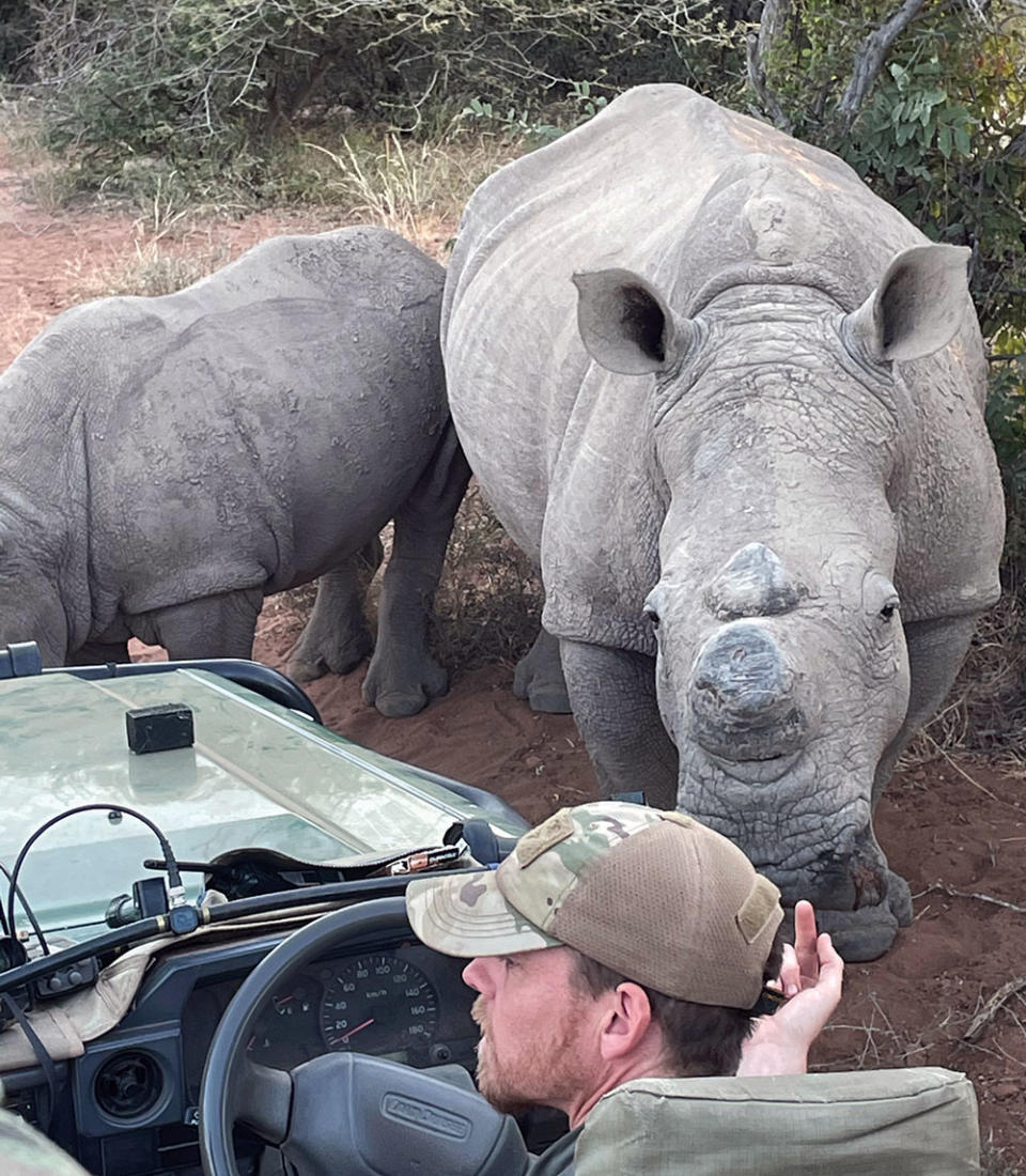 Neil, a wildlife ranger, and two rhinoceroses in the Limpopo region of South Africa. “Neil took me and the cast to track rhinos and two of them walked up to the vehicle,” recalls James F. Lopez.