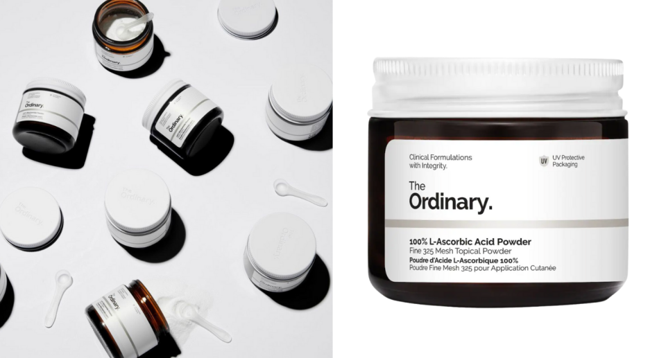 jars of the ordinary vitamin c powder on white and grey backgrounds 