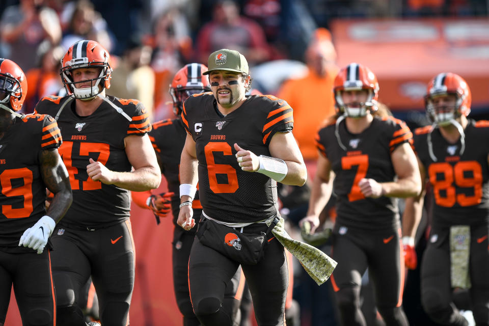 DENVER, CO - NOVEMBER 3:  Baker Mayfield #6 of the Cleveland Browns runs onto the field before a game against the Denver Broncos at Empower Field at Mile High on November 3, 2019 in Denver, Colorado.  (Photo by Dustin Bradford/Getty Images)