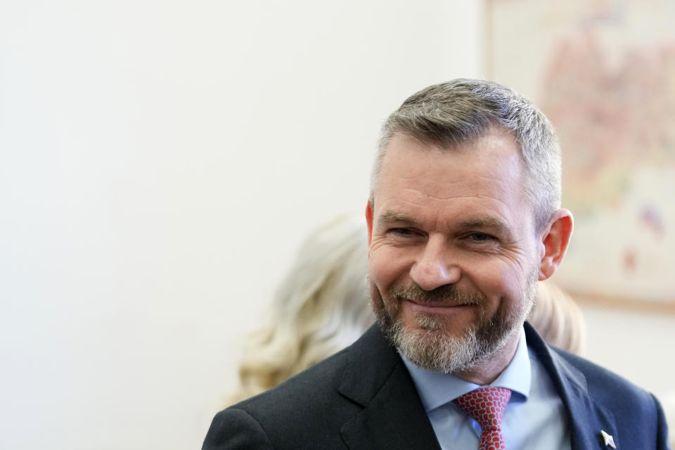 FILE - Presidential candidate Peter Pellegrini, who currently serves as Parliament's speaker, smiles before casting his vote during the first round of the presidential election in Bratislava, Slovakia, Saturday, March 23, 2024. Ivan Korcok, a pro-western career diplomat and Peter Pellegrini, a close ally of Slovakia's populist Prime Minister Robert Fico, are facing each other in a presidential runoff on Saturday, April 6, 2024, to determine who succeeds Zuzana Caputova, the country's first female head of state. (AP Photo/Petr David Josek, File)