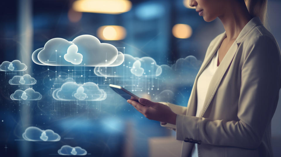 A woman using a tablet to navigate the cloud-based bill payment technology.