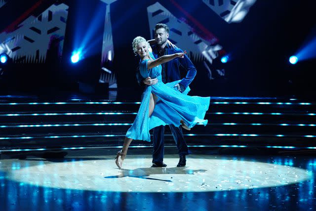 <p>Disney/Christopher Willard</p> Harry Jowsey and Rylee Arnold perform a Viennese Waltz to Whitney Houston's "I Have Nothing"