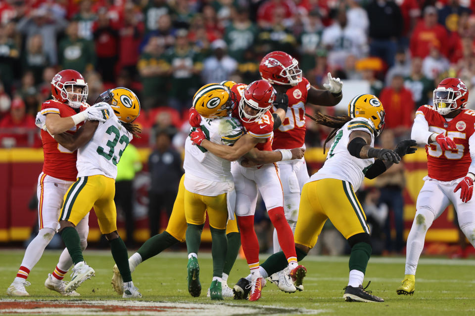 Daniel Sorensen of the Kansas City Chiefs hits Packers QB Jordan Love. (Photo by Jamie Squire/Getty Images)