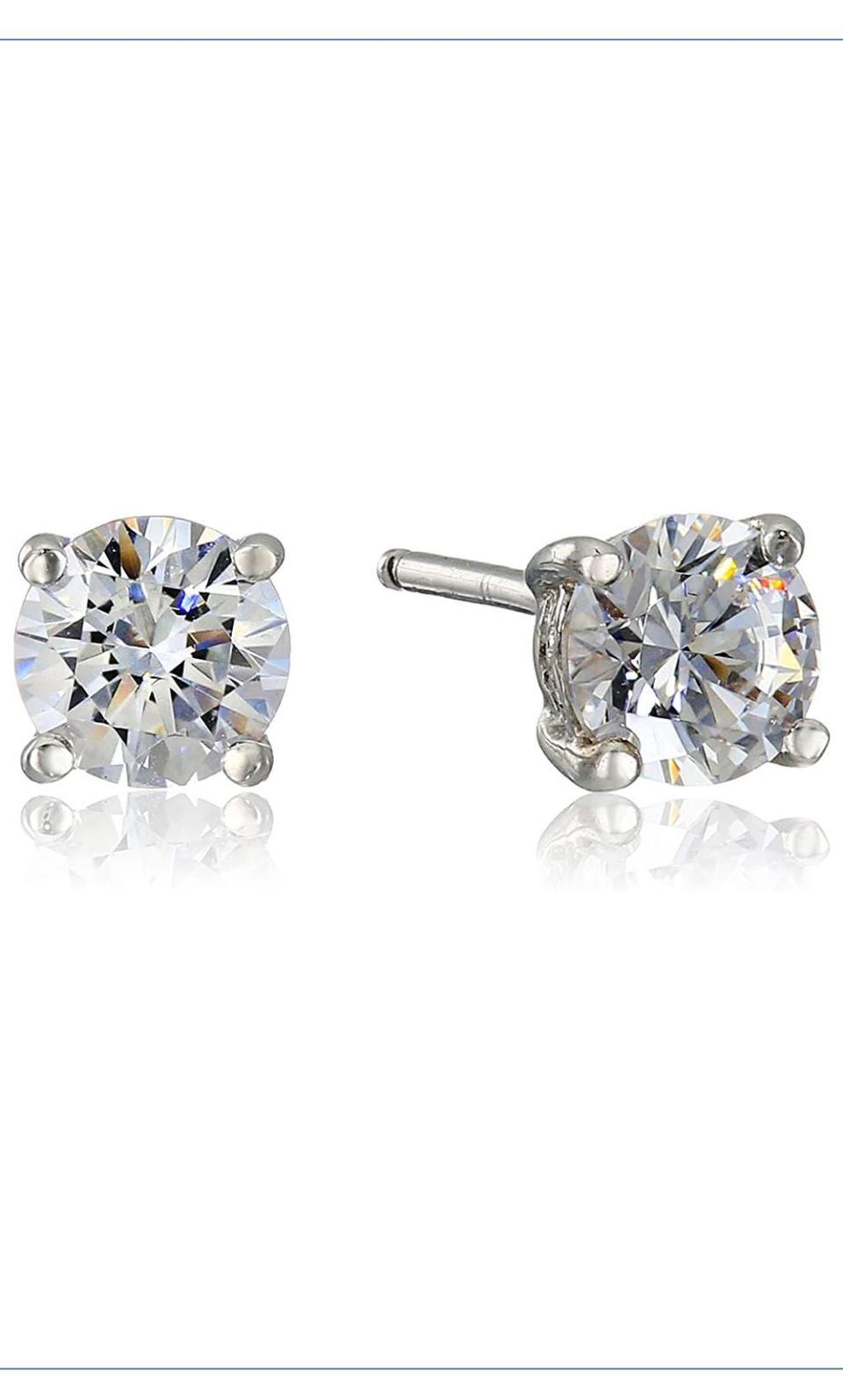 1) Platinum Plated Sterling Silver Stud Earrings set with Round Cut Swarovski Zirconia (1 cttw)