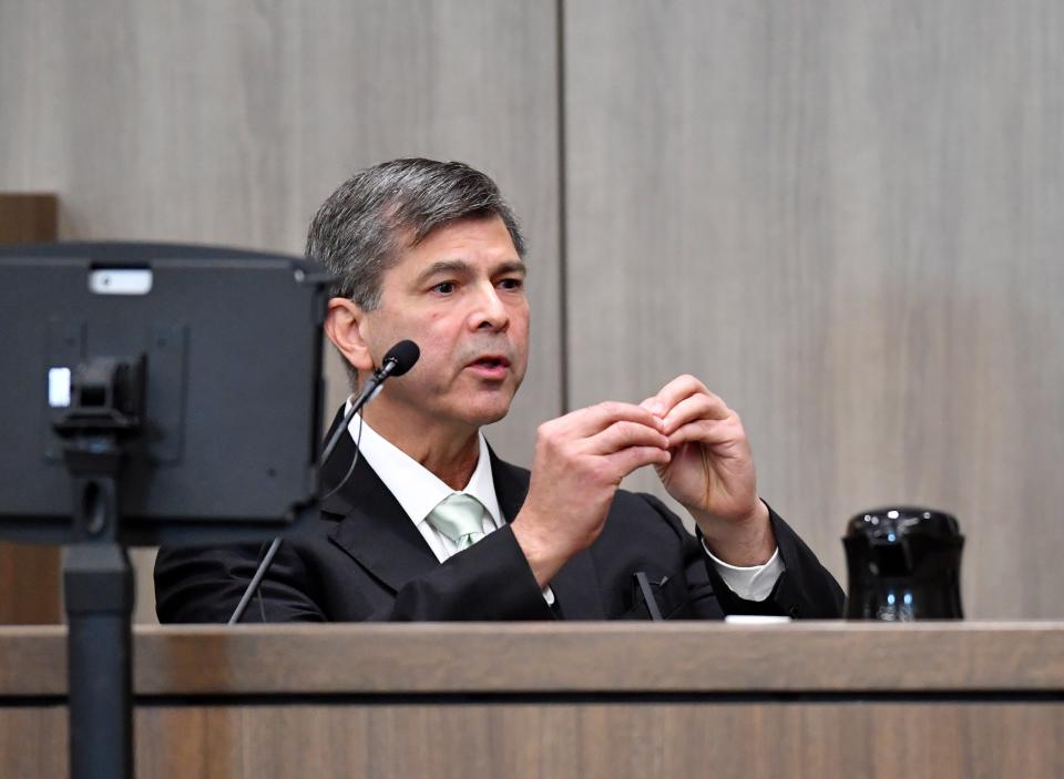 Anesthesiologist Dr. Fernando Cantu Flores, from Monterrey, Mexico, speaks to the jury during his testimony Wednesday, Oct. 4, 2023 at the South County Courthouse in Venice, Florida. Dr. Cantu Flores performed the "ketamine coma" treatment on Maya Kowalski to treat her complex regional pain syndrome (CRPS) in 2015. Pool photo/Mike Lang/Sarasota Herald-Tribune