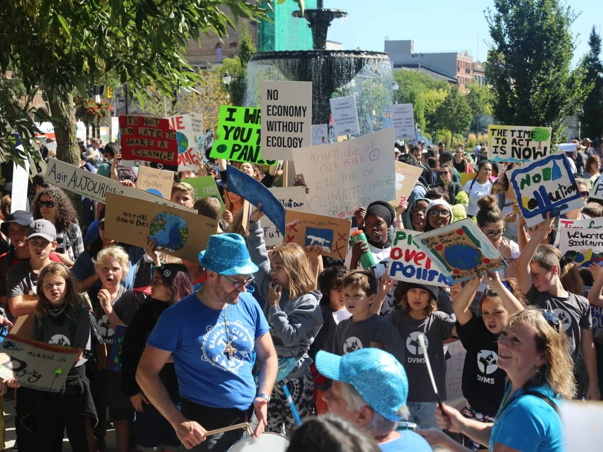 Hundreds rally at a Gore Park climate strike in Hamilton in 2019, many bearing signs calling for action on climate change. (Dan Taekema/CBC - image credit)