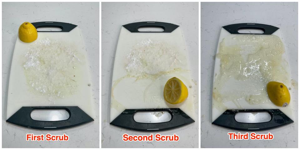 Simply put the items on the plastic cutting board and scrub with a lemon peel.